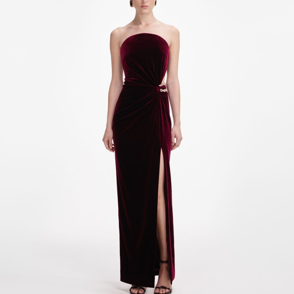 Self-Portrait Burgundy Velvet Bandeau Maxi Dress